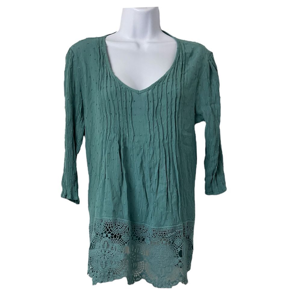 Emery‎ Rose Teal Crotcheted Ruched 3/4 Sleeve Boho Peasant Top Sz M
